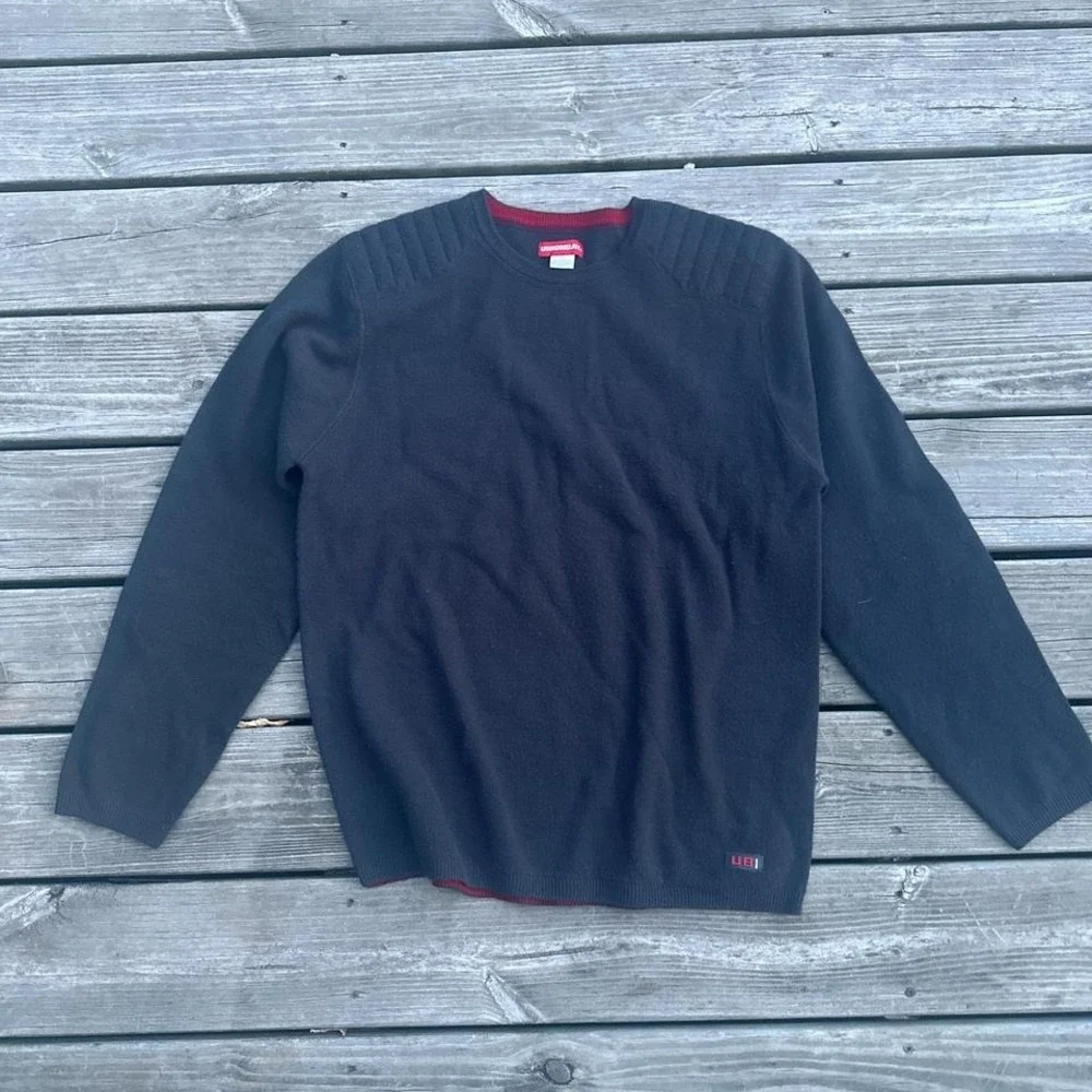 Unionbay Mens Navy Blue Crewneck Sweater Ribbed Shoulder Elbow Moto Detail Large